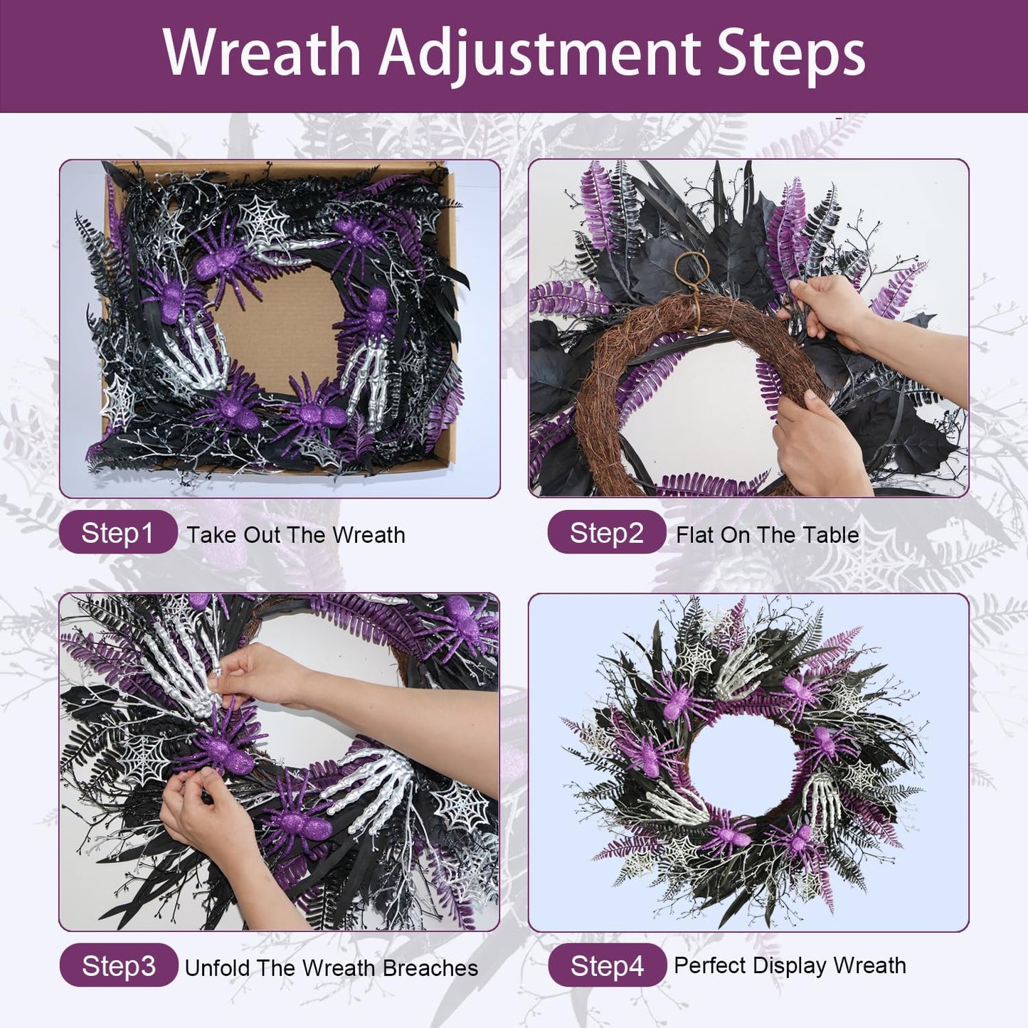 Halloween Decorations, Halloween Wreaths for Front Door 20", Purple Spiders Silver Skeleton Hands Black Leaves Halloween Decor for Doors Porch Wall, Gothic Party Horror Room Decor