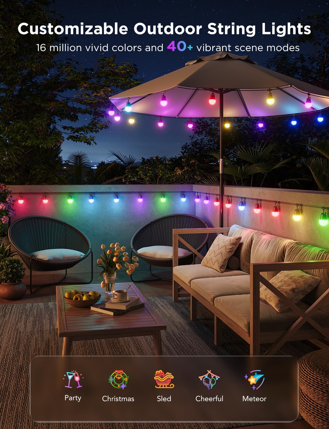 Govee Smart Outdoor String Lights 2, 48ft Outdoor Lights with Dimmable Warm White LED Bulbs, 47 Scene Modes for Patio, Backyard, Balcony, IP65 Waterproof, Works with Alexa, App Control