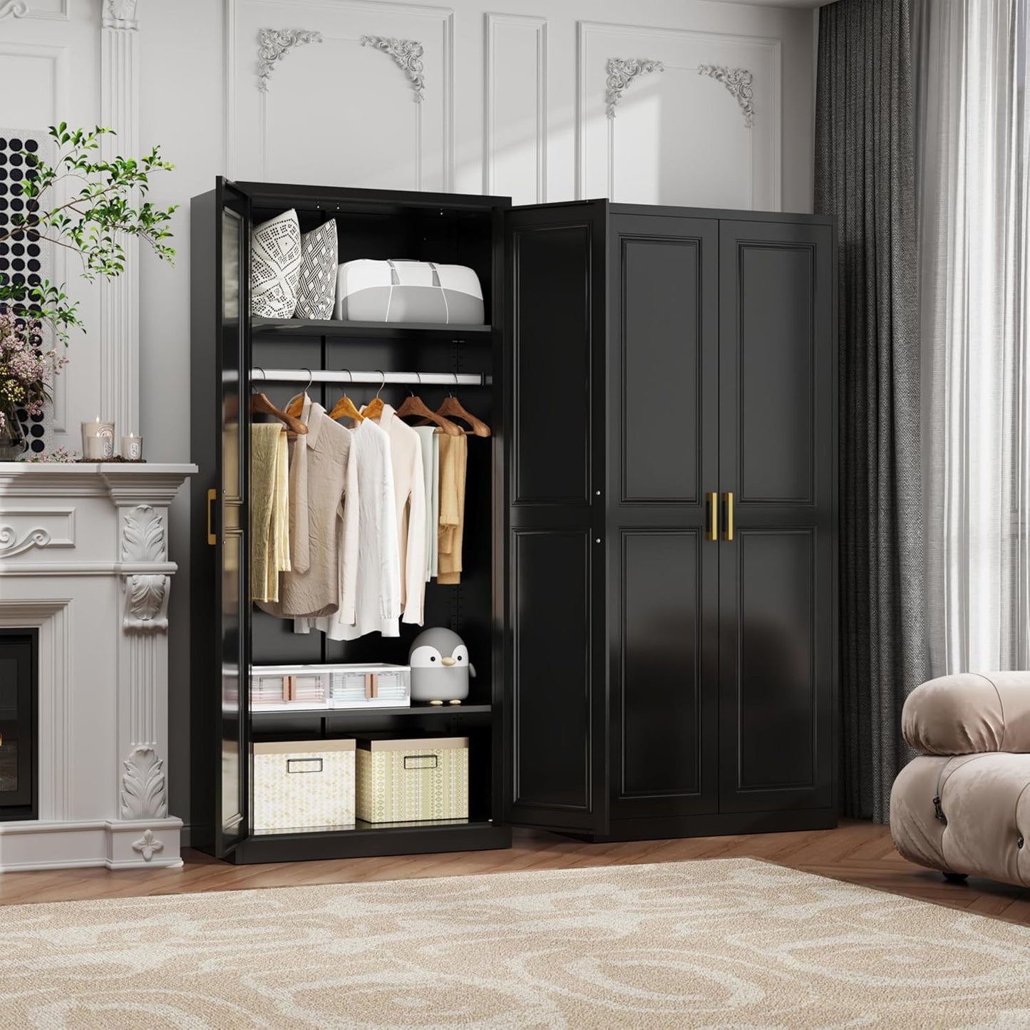 71" Metal Armoire Wardrobe Closet with 2 Doors, Tall Wardrobe Cabinet with Hanging Rod and Adjustable Shelves, Black Clothing Storage Cabinets for Bedroom, Laundry Room, Home Office