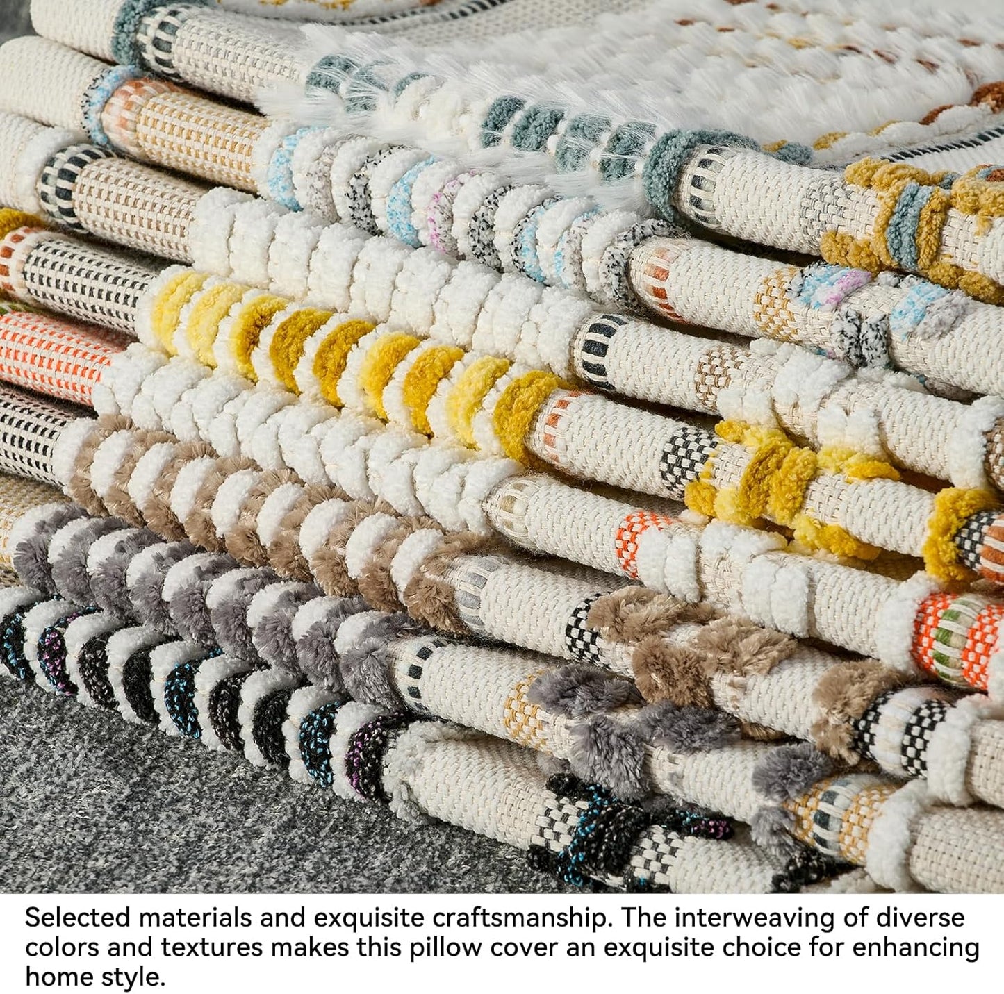 AmHoo Chenille Striped Textured Boho Throw Pillow Covers Aesthetic with Tassels Woven Decorative Pillow Case for Couch Bed Sofa Bedroom Modern Funky 18 x 18-Inch Black Multicolor