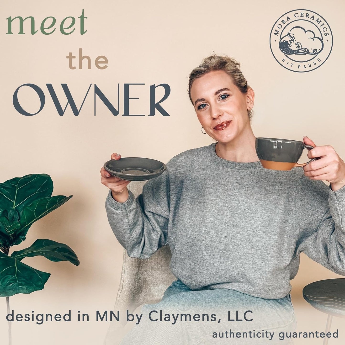 Mora Ceramic Latte Art Mug With Saucer - 10.5 oz, Round Bottom For Perfect Pours - Cafe Cups for Cappuccino, Espresso, Coffee, Tea etc - Porcelain Set for Baristas, Great Gift - Sesame Milk