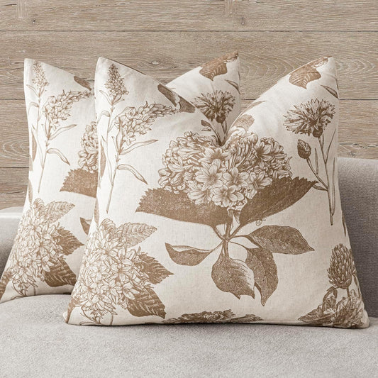 Foindtower Set of 2 Linen Floral Throw Pillow Covers Vintage Accent Print Decorative Cushion Covers Farmhouse Boho Home Decor for Sofa Chair Couch Bedroom Living Room Outdoor,20×20 Inch,Light Brown