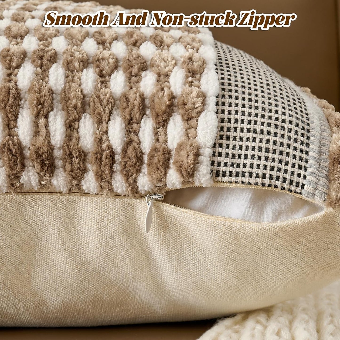 AmHoo Chenille Striped Textured Boho Throw Pillow Covers Aesthetic with Tassels Woven Decorative Pillow Case for Couch Bed Sofa Bedroom Modern Funky 18 x 18-Inch Taos Taupe