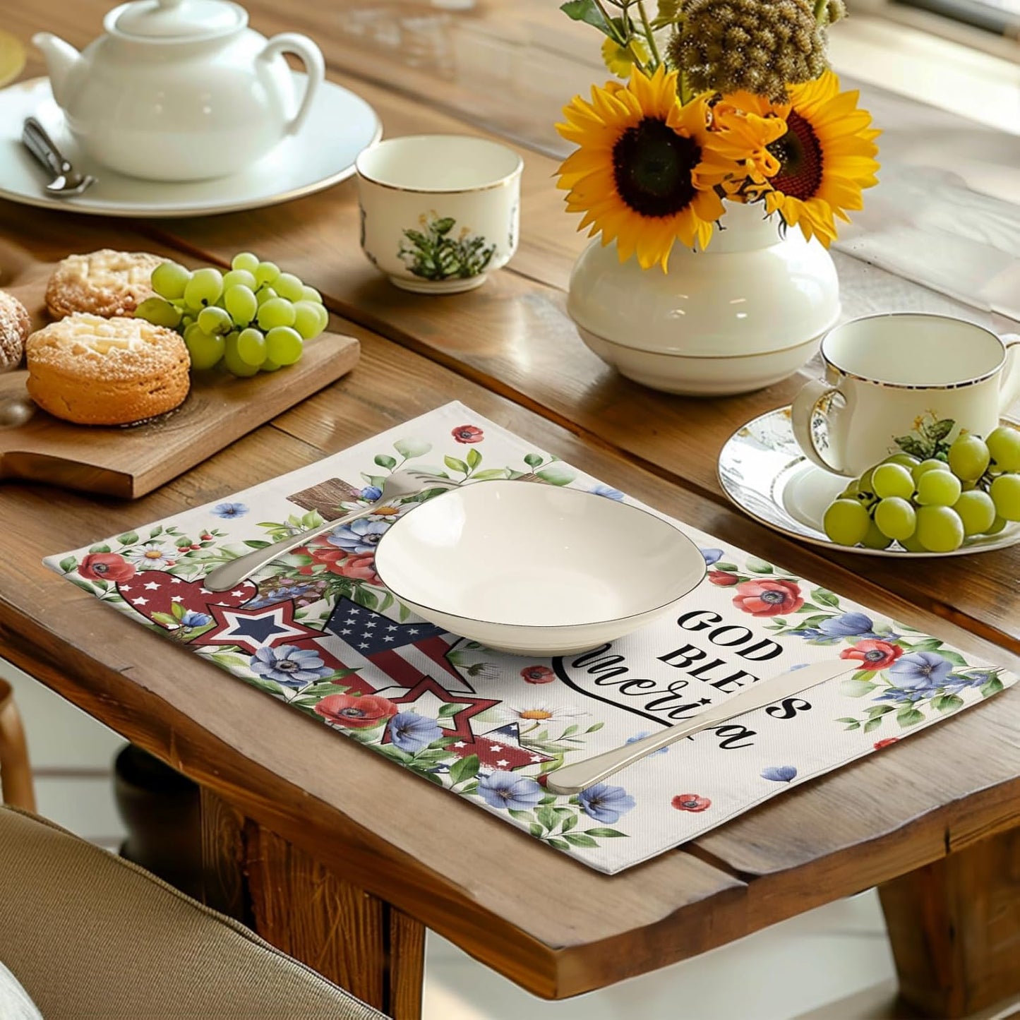 4th of July Placemats Set of 4 Patriotic Floral Cross Stars Independence Memorial Day Place Mats 12x18 Inch God Bless America Linen Fabric Table Mats for Party Kitchen Dining Decoration