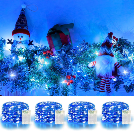 4 Pack 60LED Christmas Fairy Lights Battery Operated - 20FT Twinkle Lights with 2 Lighting Modes Indoor, Waterproof Led Fairy String Lights for Bedroom, Classroom, Dorm, DIY Decor, Blue & White