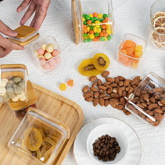 22oz Airtight Square Spice Containers with Bamboo Lid Set of 6 (650ml) Kitchen Pantry Organization Jar Stackable Spice Jar, for Sugar, Tea, Cookies and Coffee beans (‎with Black Lable)