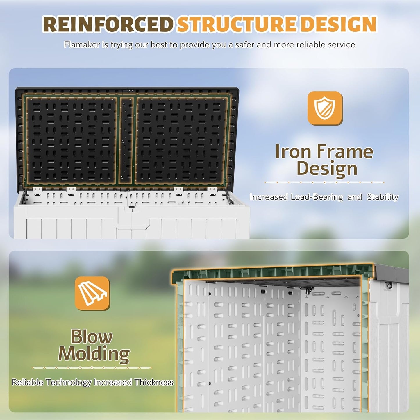 Flamaker Resin Deck Box 250 Gallon, Waterproof Imitation-Wood Lockable Storage Box with Separator Plate Outdoor Indoor, Garden, Patio Furniture for Tools&Pool Accessories (White with Black Cover)