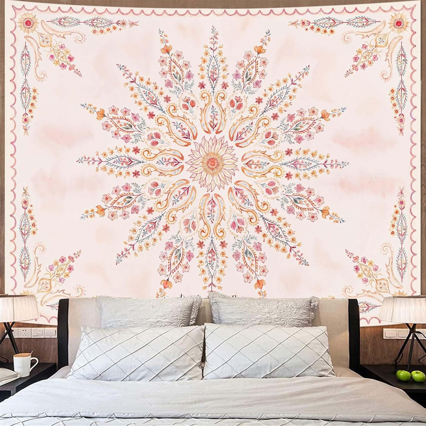Fowocu Boho Floral Mandala Tapestry for Bedroom Aesthetic Pink Bohemian Flower Wall Tapestry Watercolor Hippie Indian Extra Large Tapestries Wall Hanging for Living Room Dorm Decor 90 x 68 Inch