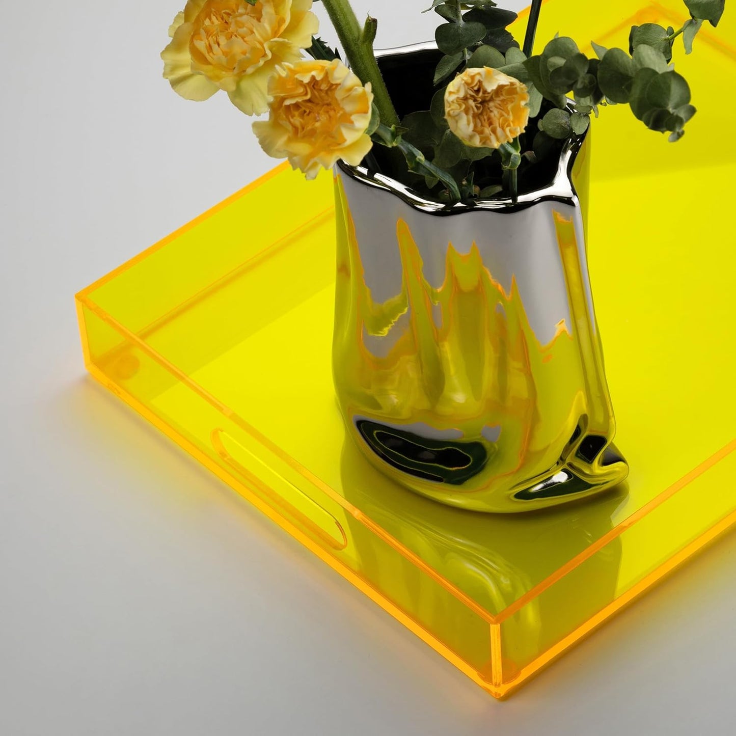 Large Acrylic Serving Tray Decorative Ottoman Coffee Table Vanity Tray Tea Fruit Platter Snack Appetizer Dessert Drink with Handles for Bar Kitchen Party, Neon Yellow