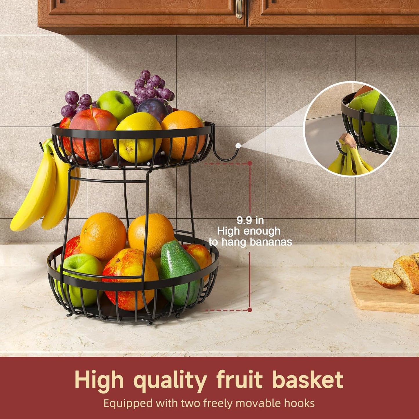 2 Tier Fruit Basket for Kitchen Counter with 2 Banana Hangers, 2025 Pro Detachable Metal Fruit Bowl with Wooden Handle,Fruit Holder for Bread Snack Veggies, Black Extra Large
