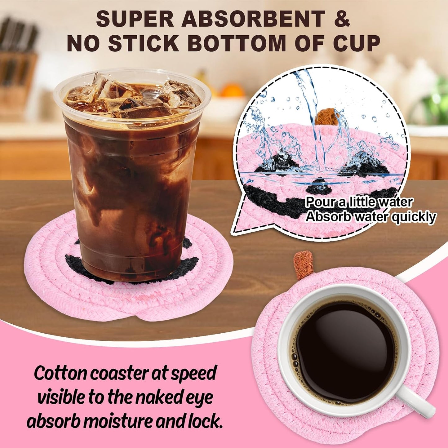 Whaline Halloween Pumpkin Cotton Coasters Pink Pumpkin Face Handmade Braided Drink Coasters Absorbent Cup Mats for Trick or Treat Party Home Table Decor, Set of 4