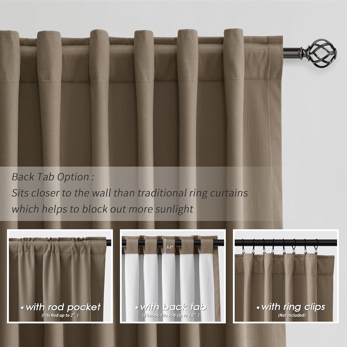 108 Inch Black Out Curtains 2 Panels Set Back Tab Thermal Insulated Natural Linen Textured Blackout Curtains Noise Reducing Dark Brown Neutral Living Room Darkening Window Drapes Pleated 52x108