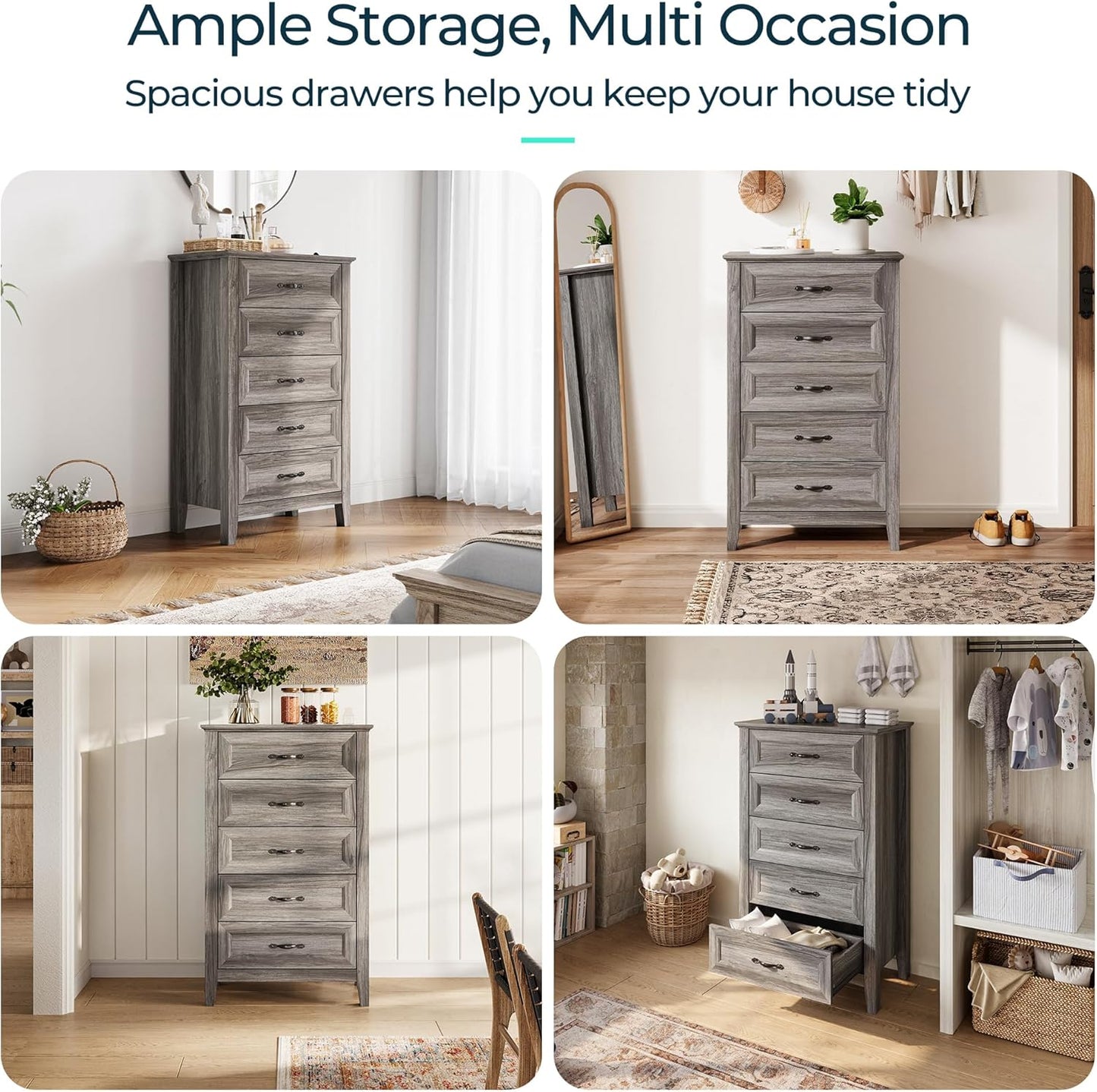 LINSY HOME Farmhouse 5-Drawer Dresser - Grey Chest of Drawers for Bedroom and Living Room Organization, Wood Dresser with Ample Storage Space and Rustic Charm