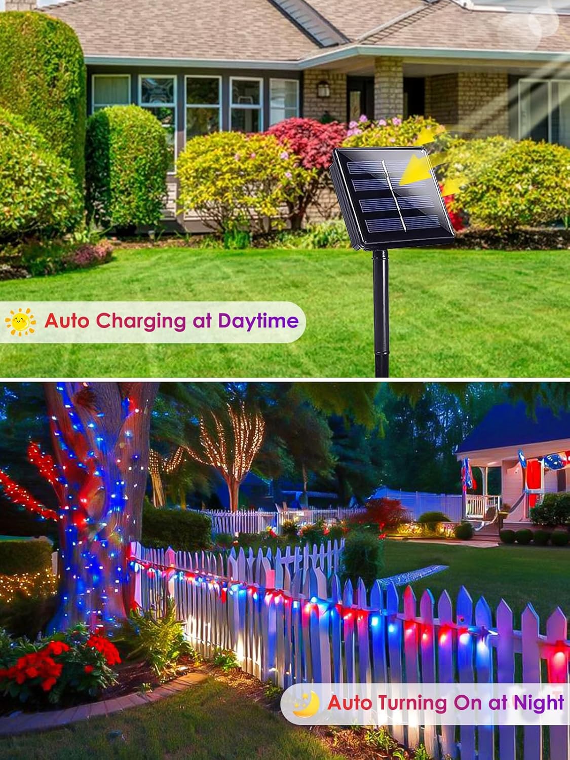 4th of July Decorations Outdoor, 4pk Red White and Blue Solar String Lights, 400LED 132FT LED Patriotic Light Waterproof, Solar Fairy Twinkle Light for Independence Day Yard Garden Tree Decorations