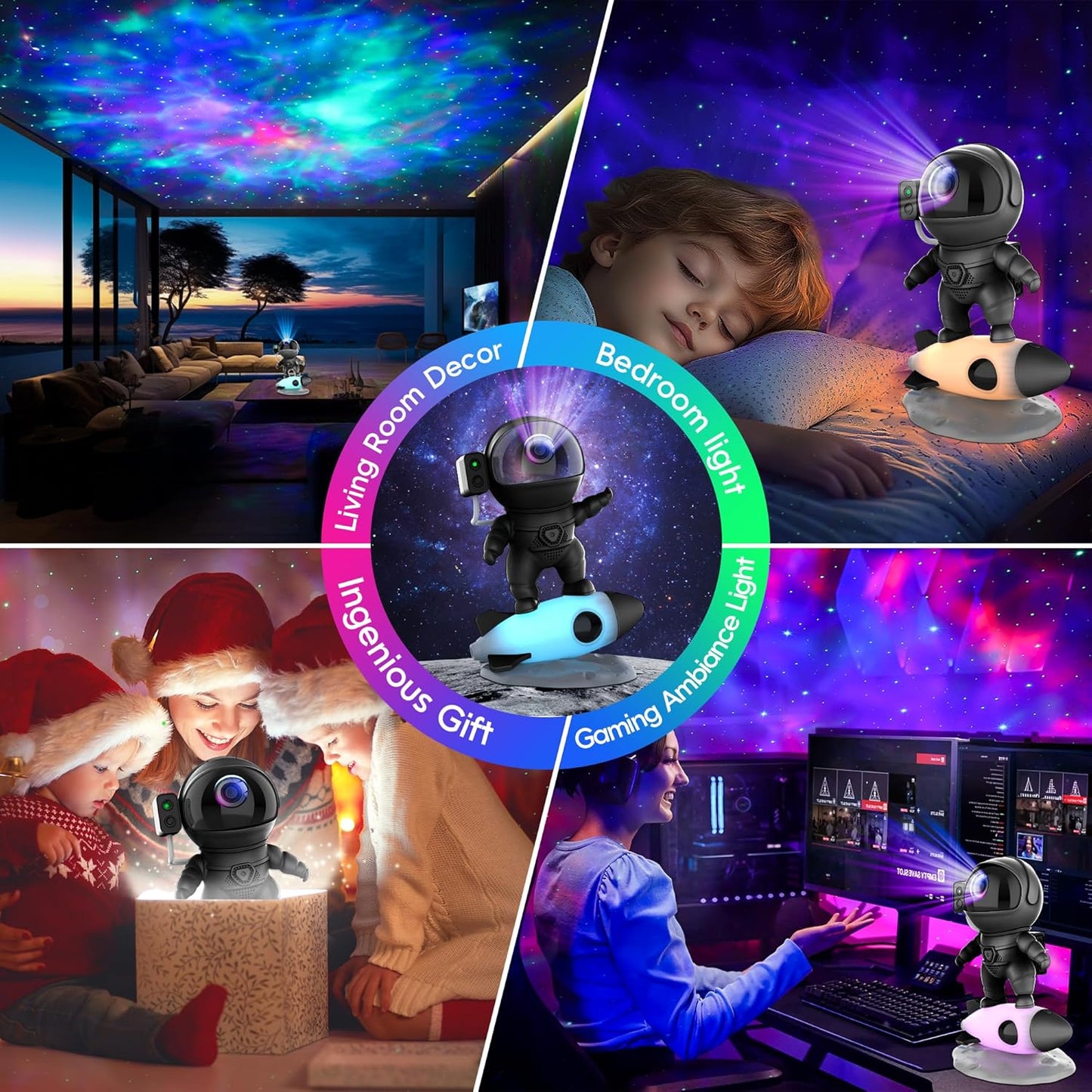 Astronaut Galaxy Projector, Star Projector Rocket Night Light for Kids Room, 360° Adjustable Magnetic Head, Bluetooth Speaker, Timer, White Noise with Remote APP Button Control Idea for Gift