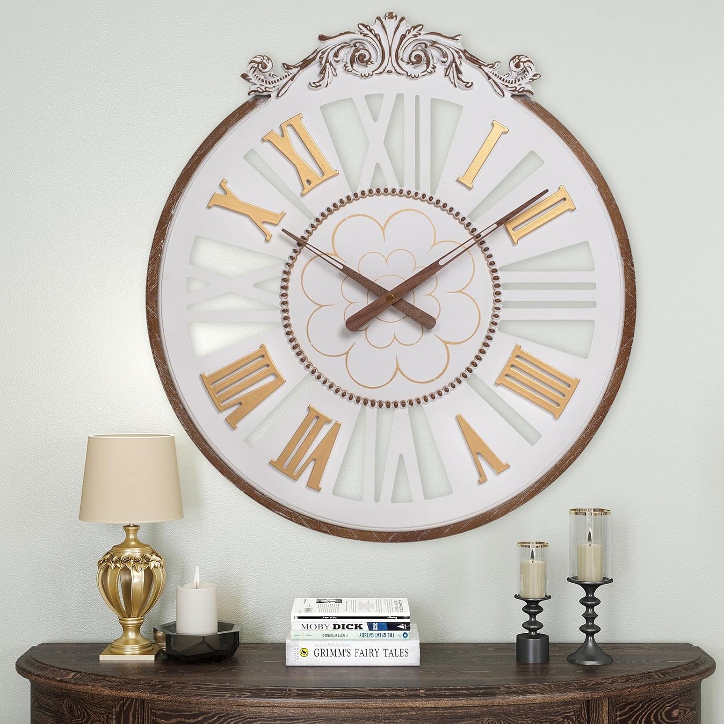 Large Wall Clock–24 Inch Farmhouse Wall Clocks -Big Boho Wood Wall Clock, Silent and Battery Operated Round Rustic Clock for Living Room, Kitchen and Office Decor, White
