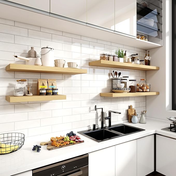 24 Inch Floating Shelves, 11.6 Inch Deep Floating Shelves for Wall, Floating Shelf with Invisible Brackets, Deep Shelves for Bathroom, Bedroom, Living Room, 2 Pack, Natural