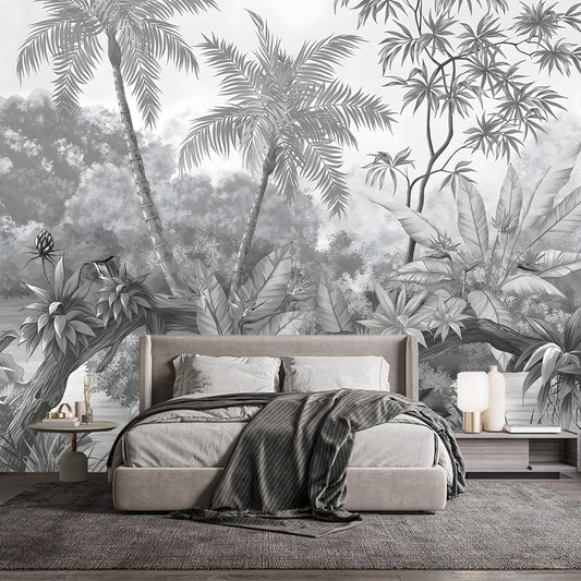 -Grey Rainforest Leaves Fabric Wallpaper Bedroom XT11 L 180" x 115"
