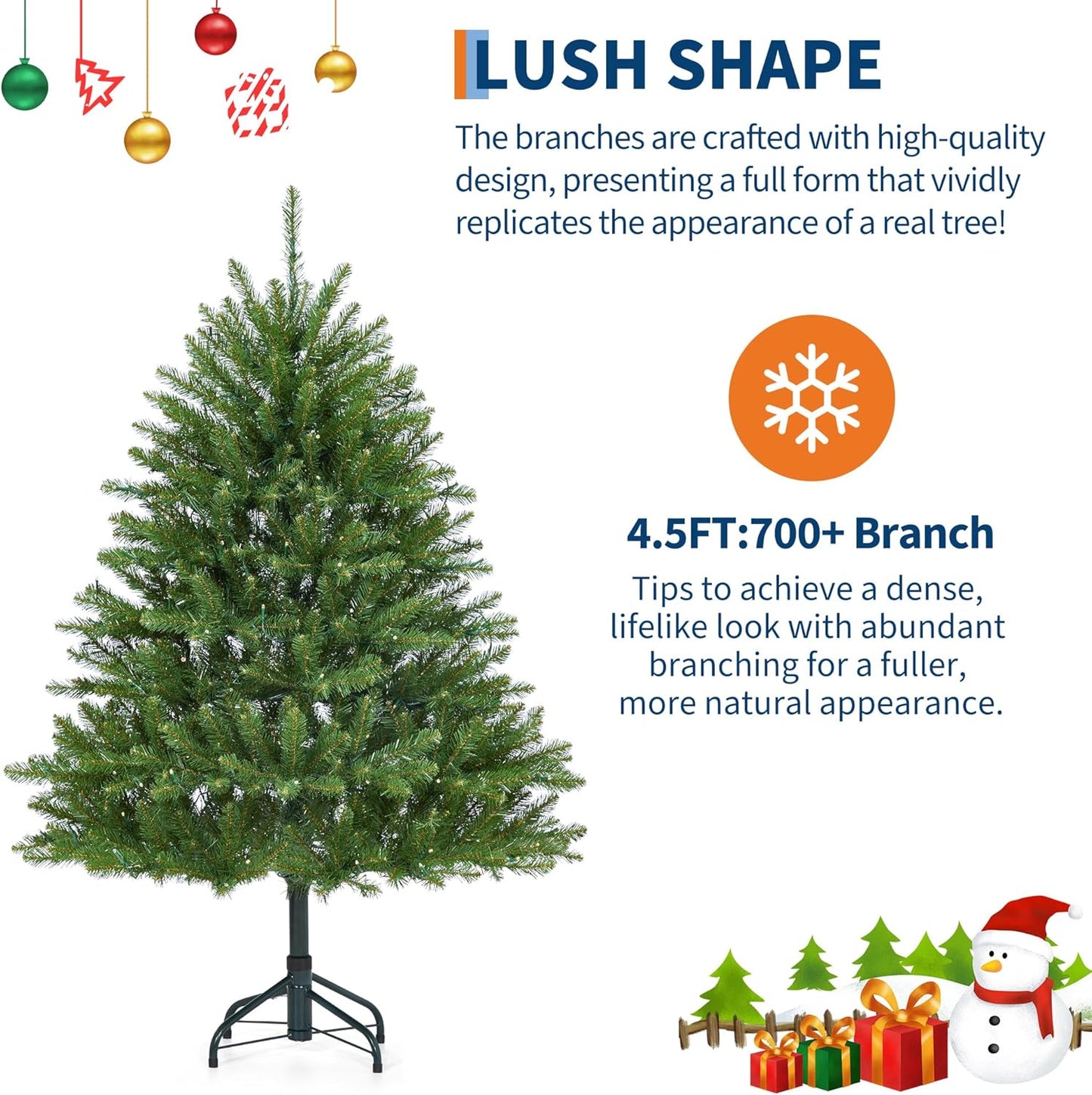 4.5FT Pre-Lit Artificial Christmas Tree with Color Lights,Green PE & PVC Artificial Xmas Tree,Easy Assembly, Full Branch Tips& Foldable Stand for Home, Office, Party Decoration for Xmas Holiday