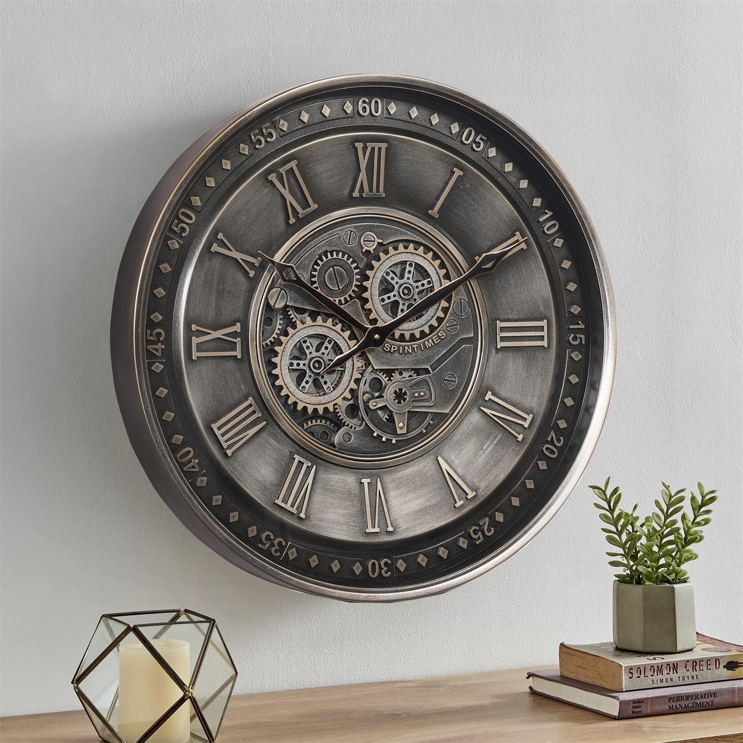 CLXEAST 24 Inch Large Moving Gear Wall Clock for Living Room Decor, Antique Silver Metal Roman Numerals Wall Clocks for Home Office