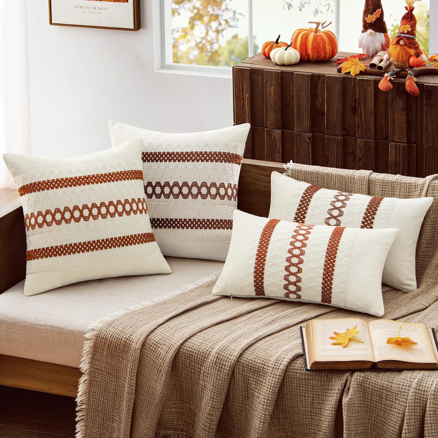 MIULEE Set of 2 Burnt Orange Fall Decorative Lumbar Pillow Covers 12x20 Inch Farmhouse Rustic Boho Couch Throw Pillows Modern Cushion Covers Retro Cute Macrame Woven Home Decor for Bed Sofa Chair