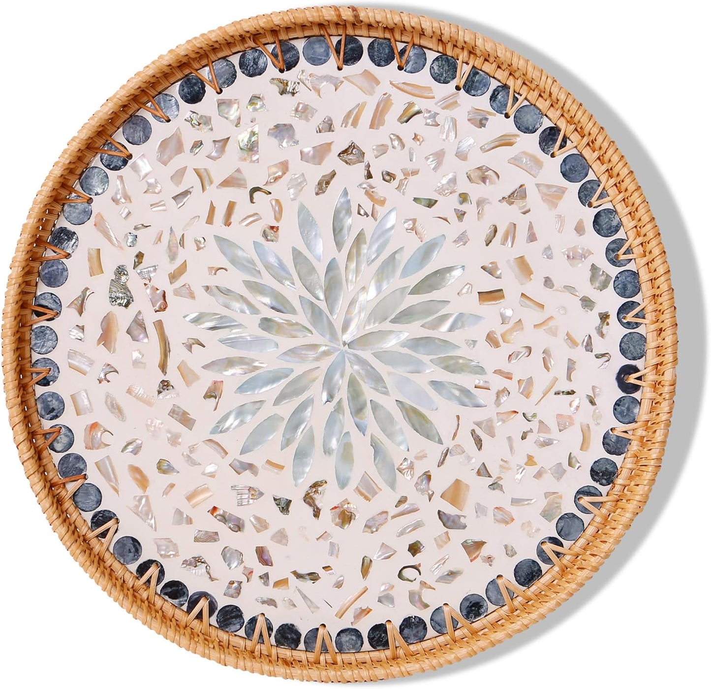 Round Rattan Tray with Mother of Pearl Inlay & Wooden Base - Decorative Wicker Serving Tray for Coffee/Bread/Fruits, Food Storage & Display - Multipurpose Home Decor (L,Blue Shells)