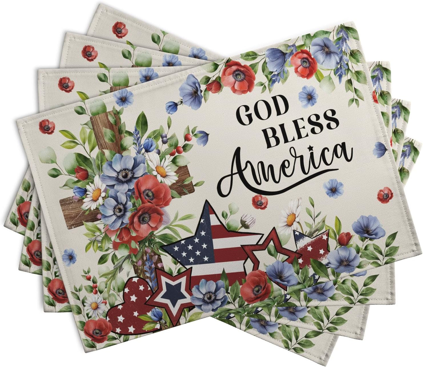 4th of July Placemats Set of 4 Patriotic Floral Cross Stars Independence Memorial Day Place Mats 12x18 Inch God Bless America Linen Fabric Table Mats for Party Kitchen Dining Decoration