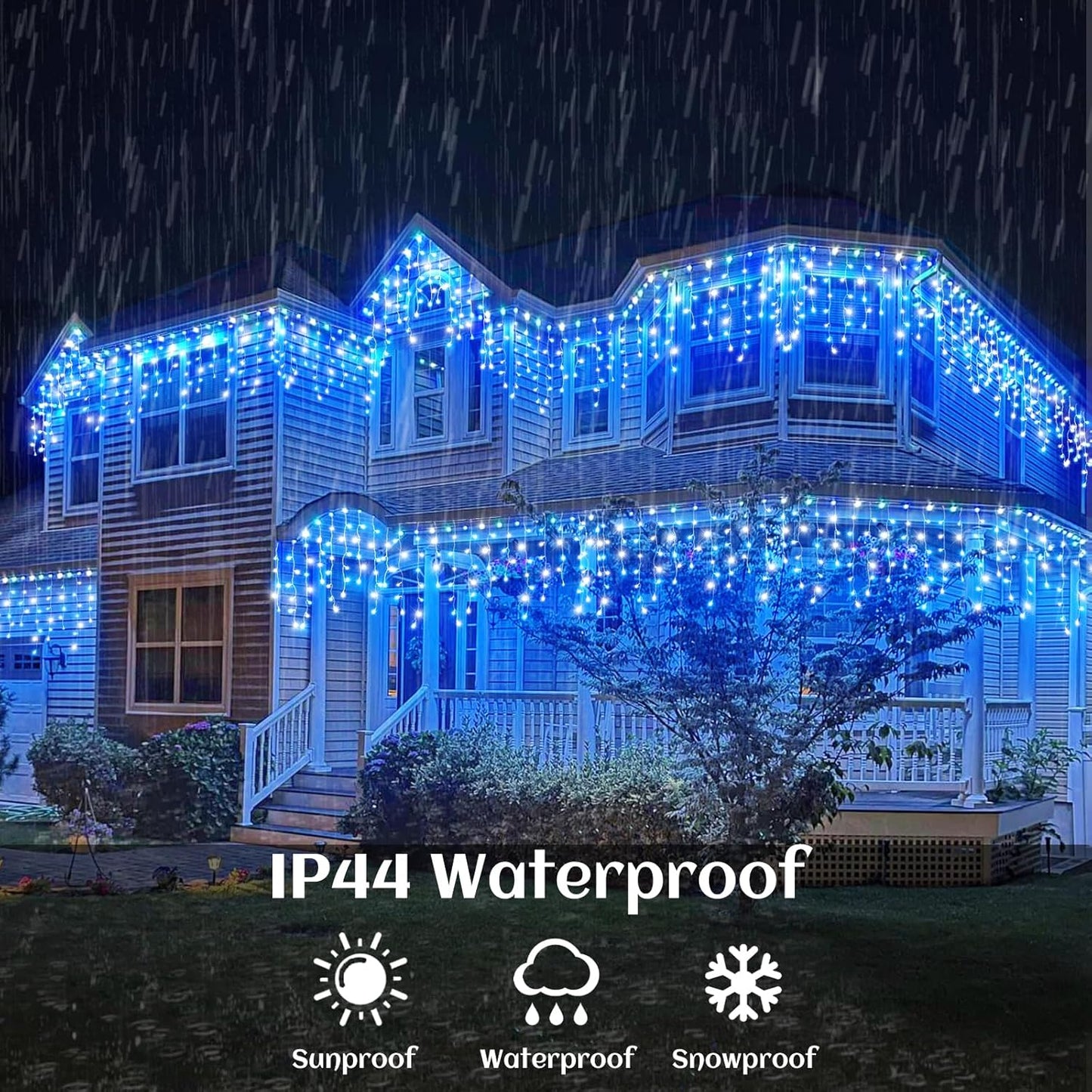 33ft Icicle Lights for Outside, Blue and White Christmas Lights Outdoor Indoor, 400 LED Twinkle String Light with 75 Drops Short Curtain Light for Thanksgiving Room Home Wall Bedroom Window Decoration