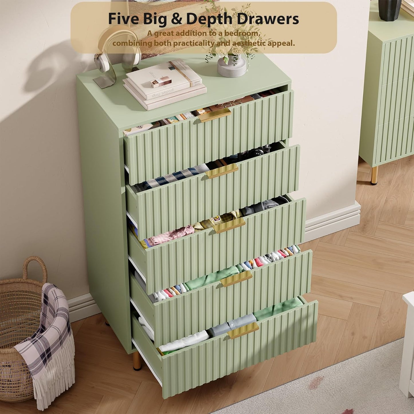 5 Drawer Dresser for Bedroom, 47.2" Tall Modern Chest of Drawers with Deep Drawers and Wide Top, Fluted Wooden Dresser Organizer for Living Room, Hallway, Kids Room, Green