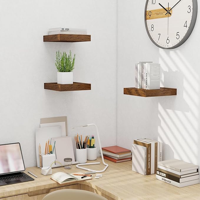 Fun Memories Floating Shelves for Wall - 10" x 10" Wood Shelf with Invisible Bracket - Deep Floating Shelves - 10 Inch Shelf Wall-Mounted for Living Room & Bathroom - Rustic Brown - Set of 2