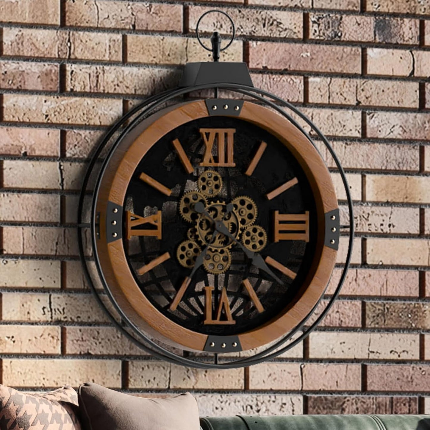 Driini 24 Inch Large Rustic Farmhouse Gear Clock with Moving Gears – Vintage Oversized Wall Clock with Iron Frame – Giant Industrial Steampunk Wall Clock for Living Room Décor (Walnut)