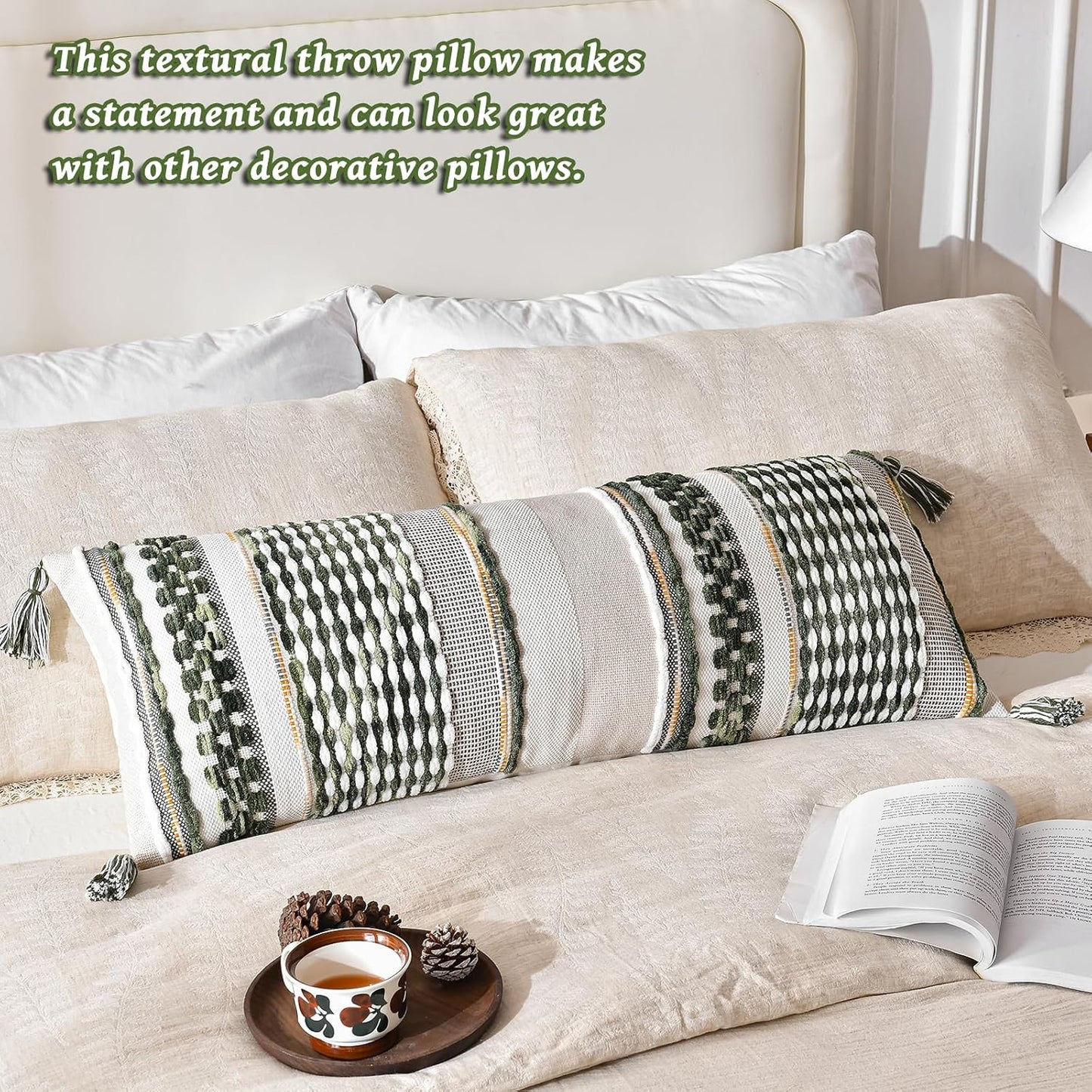 AmHoo Chenille Striped Textured Boho Throw Pillow Covers Aesthetic with Tassels Woven Decorative Pillow Case for Couch Bed Sofa Bedroom Modern Funky 14 x 36-Inch Sage Green