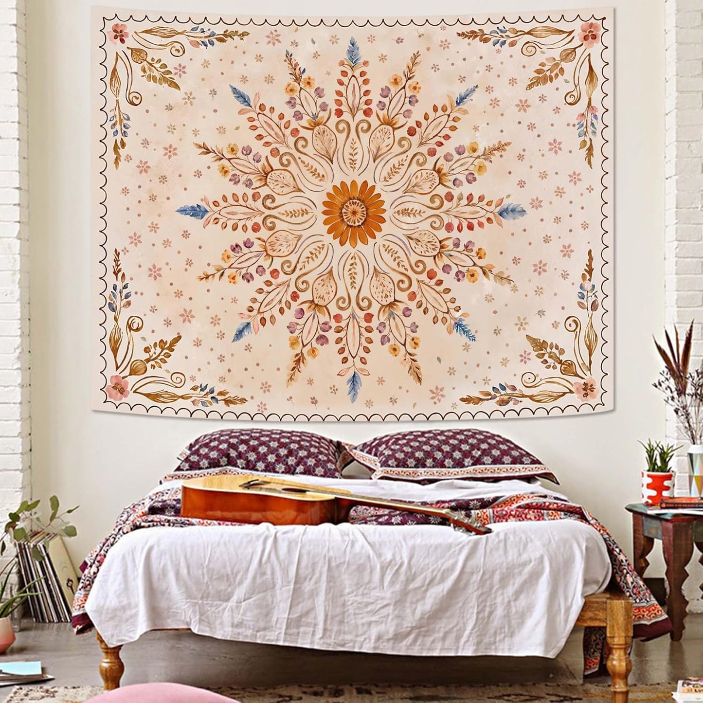 Fowocu Boho Floral Mandala Tapestry for Bedroom Aesthetic Watercolor Bohemian Flower Wall Tapestry Brown Beige Hippie Indian Small Tapestries Wall Hanging for Living Room Dorm Decor 48 x 36 Inch