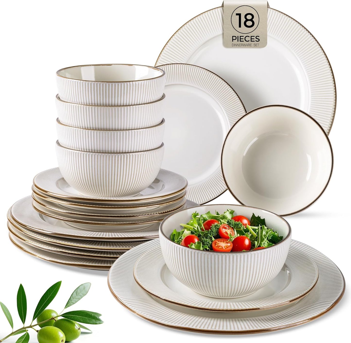 GBHOME Ceramic Dinnerware Sets,18 pcs Embossed Elegant Stoneware Plates and Bowls Sets, Housewarming Wedding Gift | Dishwasher & Microwave Safe | Dishes Set Service for 6