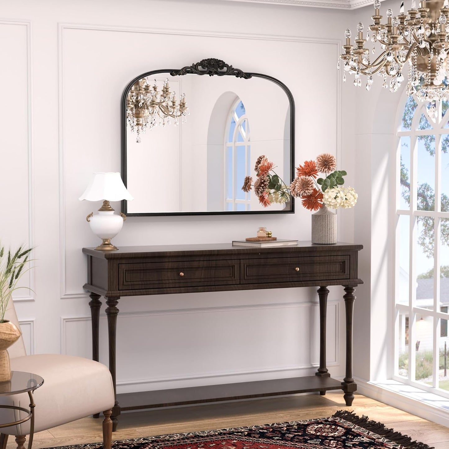 Keonjinn Vintage Mirror for Wall, 36" x 30" Black Antique Mirrors with Metal Frame, Baroque Style Decoration for Mantle, Bathroom, Living Room, Fireplace, Bedroom, French Cleat Mounting