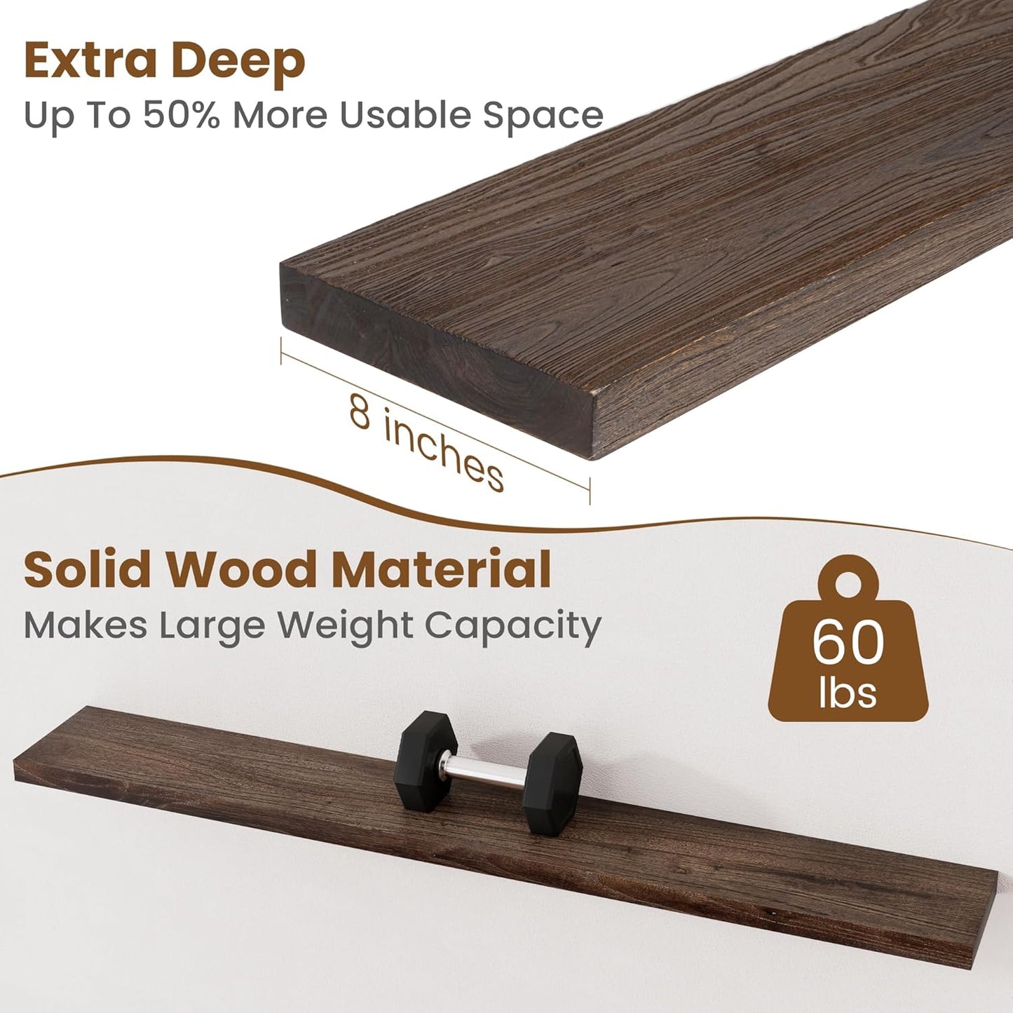 Floating Shelves for Wall Decor, 8 Inch Deep Rustic Solid Elm Wood Floating Shelves Wall Mounted, Wall Shelves with Invisible Bracket for Living Room Bathroom Bedroom Kitchen, 55 Inch Set of 1, Walnut