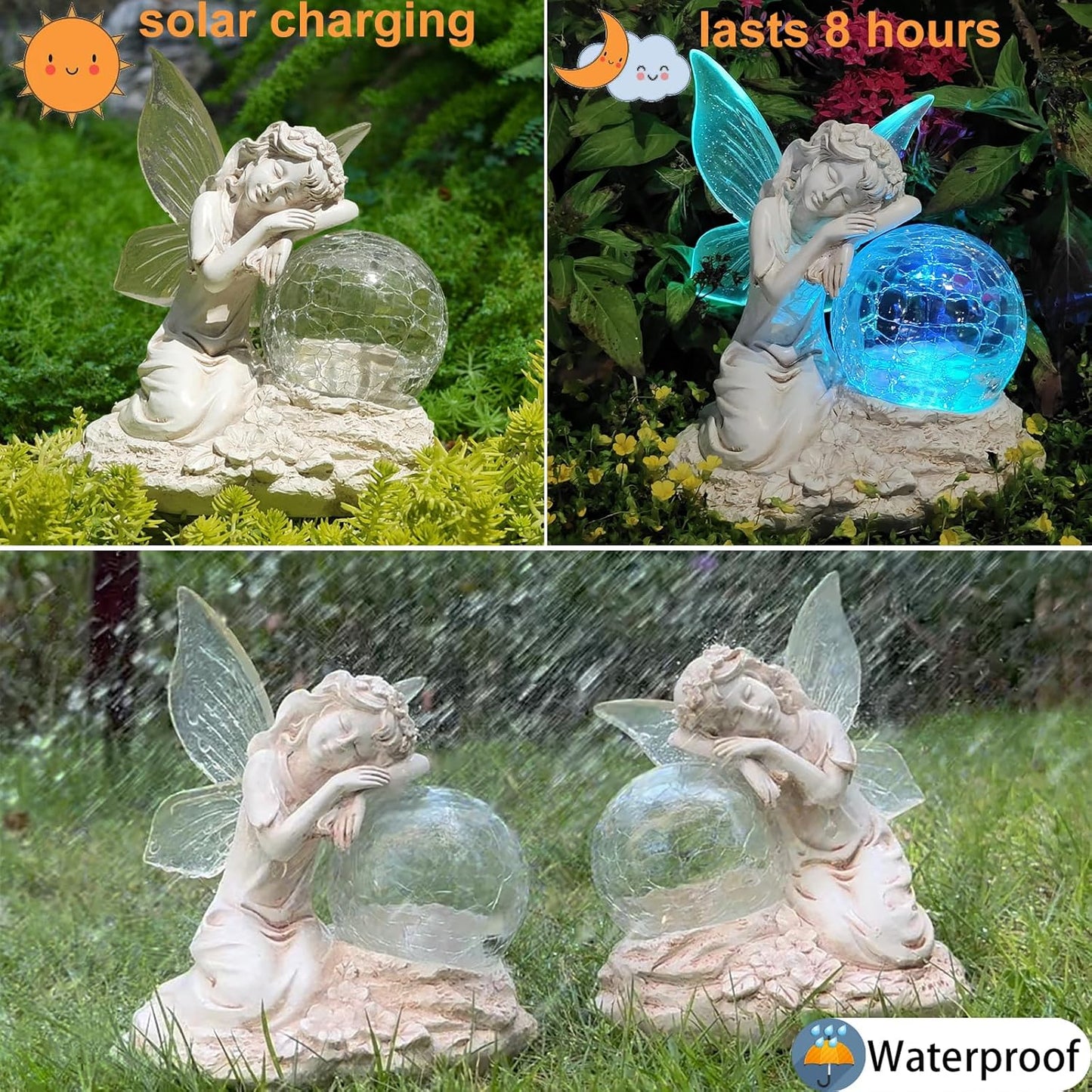 Fairy Garden Statue ，Solar Garden Decor ，Fairy Statue Outdoor with Glass Ball ，Waterproof Outdoor Decor，Suitable for Yard, Lawn ，Ideal for Holiday Giving (Left)
