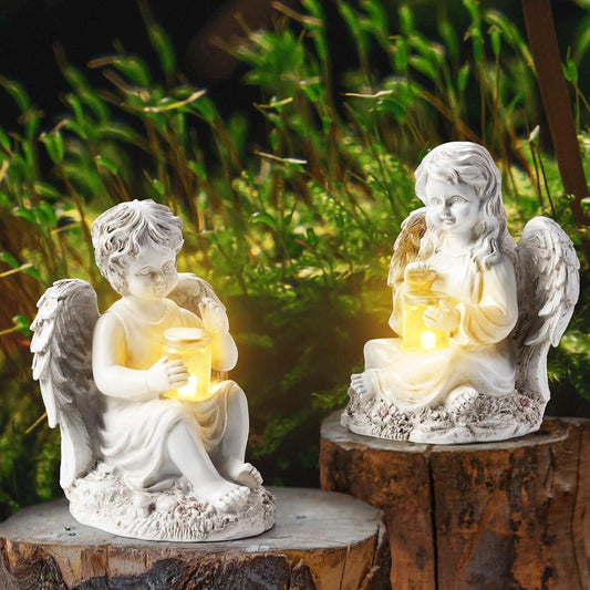 2 Pack Outdoor Angel Statue Garden Decor, Classic Solar Angel Figurine Decoration for Yard Art Indoor Porch Home Lawn Outside Light up Cherub Sculpture Guardian Wings Memorial Gifts