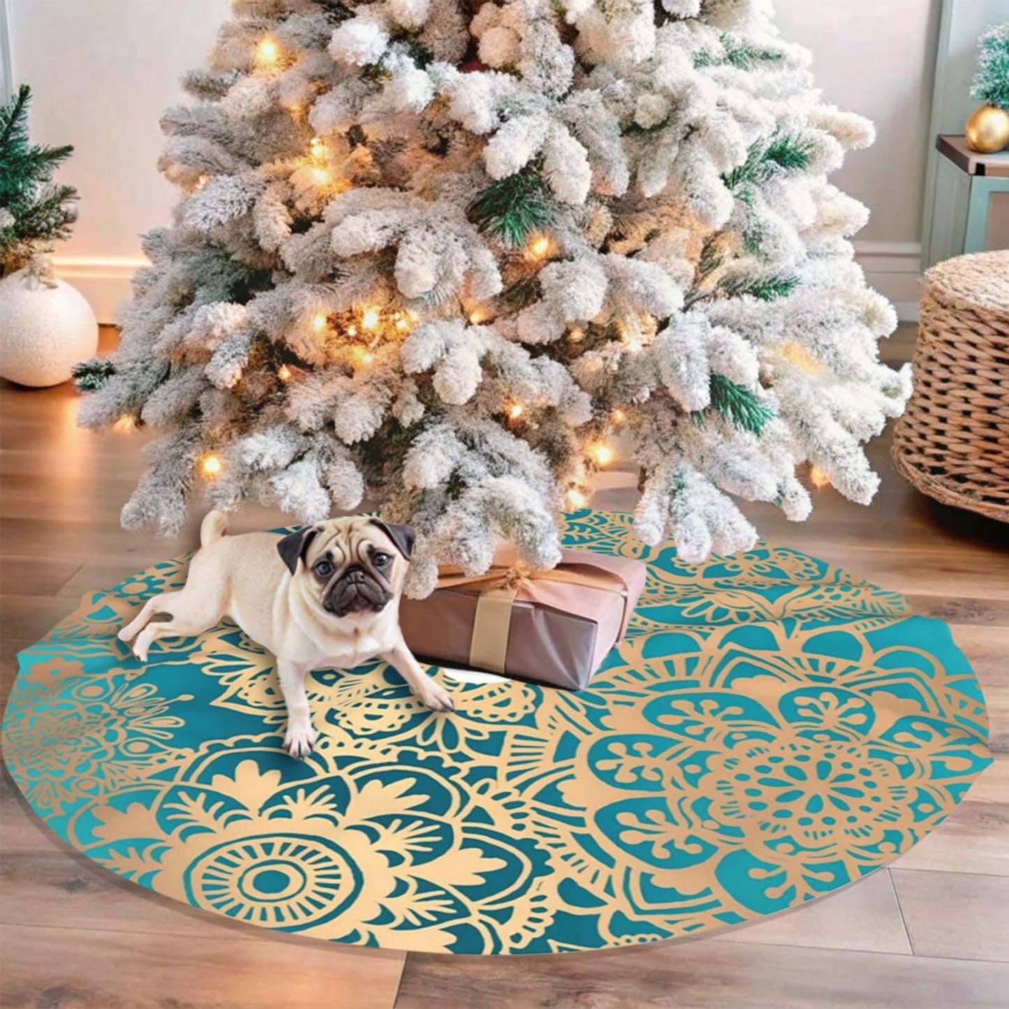 48" Large Christmas Tree Skirt, Elegant Teal Green Mandala Pattern Pattern Tree Mat Base Cover for Xmas Festive Holiday Party Decoration Ornaments