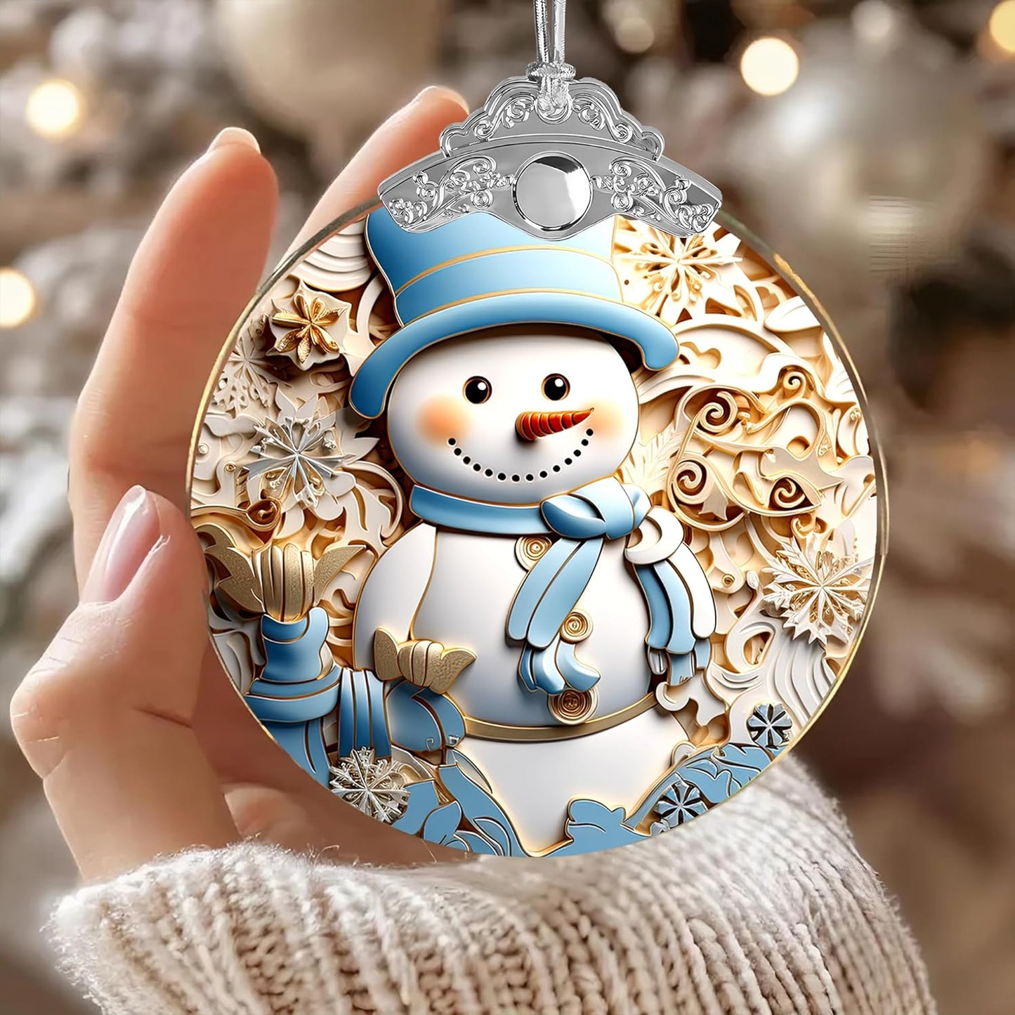 2025 Christmas Ornament, Stained Glass Effections, Christmas Tree 4 Inch Acrylic Ornament Art, White Elephant Gifts Car Interiors Decors, Christmas Decor (Blue hat Snowman)
