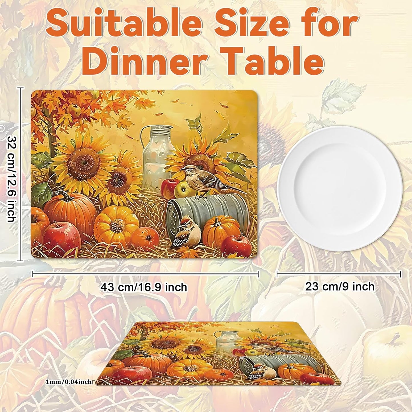 Fall Placemats Set of 6 Thanksgiving Pumpkin Plastic Table Mats Farmhouse Rustic Fall Autumn Place Mats Washable Vinyl Rustic Holiday Table Decoration for Indoor Outdoor Party Kitchen Dining