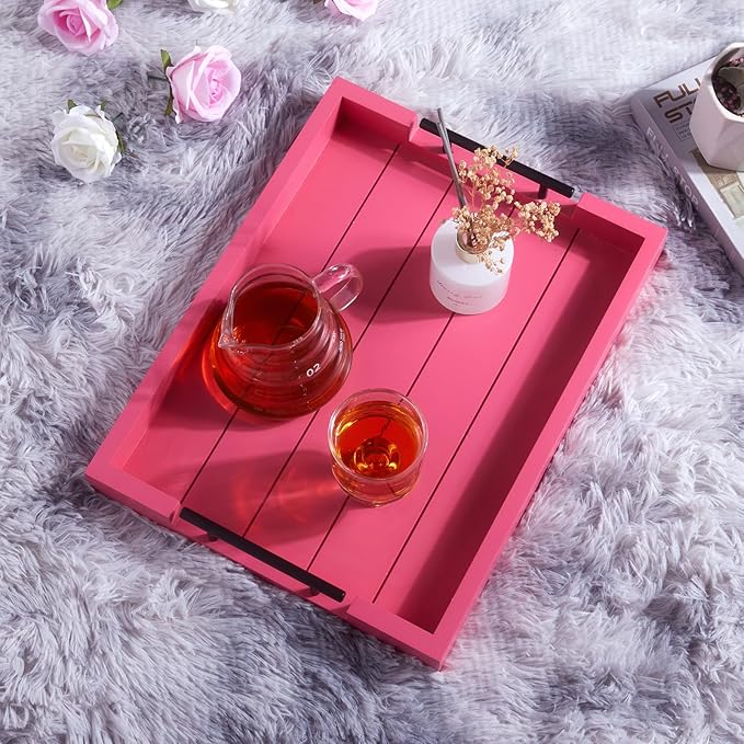 Ottoman Tray | Coffee Table Tray Decorative, Serving Tray with Handles - 17x13 Inch Wood Tray for Coffee Table Tray - with 4 Wooden Coasters -Tray for Ottoman, Breakfast