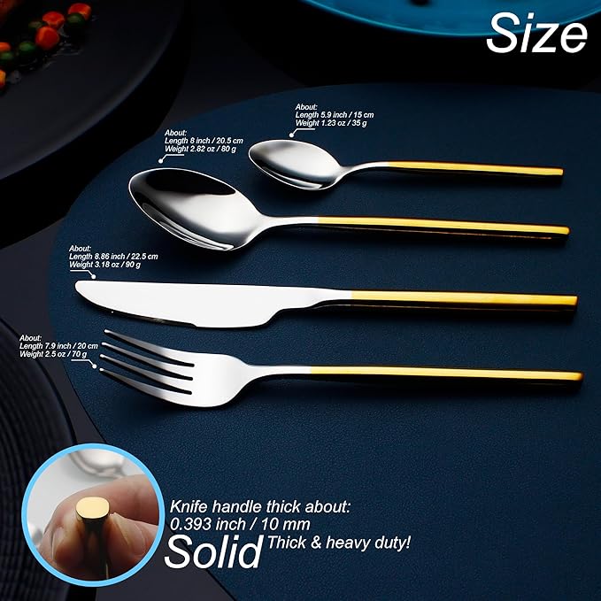 24 Piece Silverware Set For 6 Gold Handle Heavy duty 18/10 Stainless Steel Flatware Set Modern Design Knife/Fork/Spoon Mirror Polished Dishwasher Safe Cutlery Set with Gifts