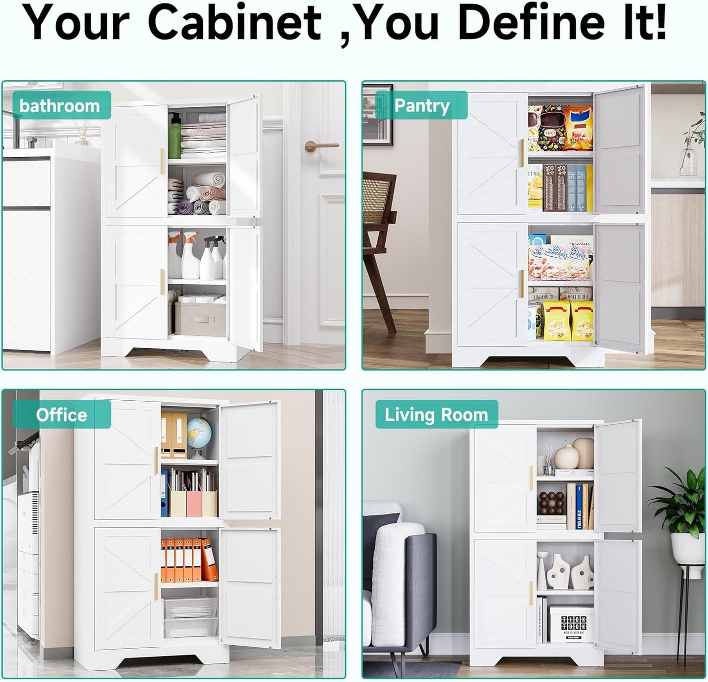 SISESOL White Storage Cabinet with 4 Doors and 2 Adjustable Shelves,Farmhouse Food Pantry Cabinets,Small Bathroom Cabinet,4 Tier Metal Storage Cabinets for Home Kitchen,Dining/Living/Laundry/Room