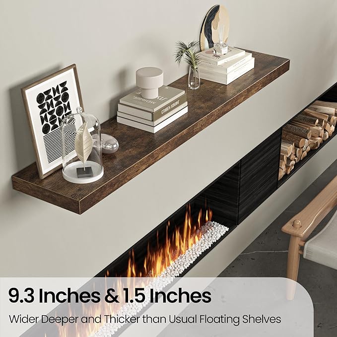 Floating Shelves for Wall, 48"W x 9.3"D x 1.5"H, Wooden Wall Mounted Display Shelf with Invisible Brackets for Living Room, Bedroom, Bathroom, Kitchen Decor and Storage, Set of 1, Rustic Brown