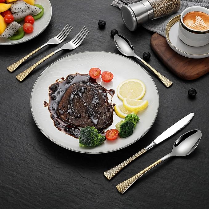 Hammered Silver Gold Silverware Set,20 Piece Modern Flatware Set Service for 4,Mirror Polished Stainless Steel Cutlery Set Utensil Set Tableware,Kitchen Knives Forks Spoons Set,Dishwasher Safe