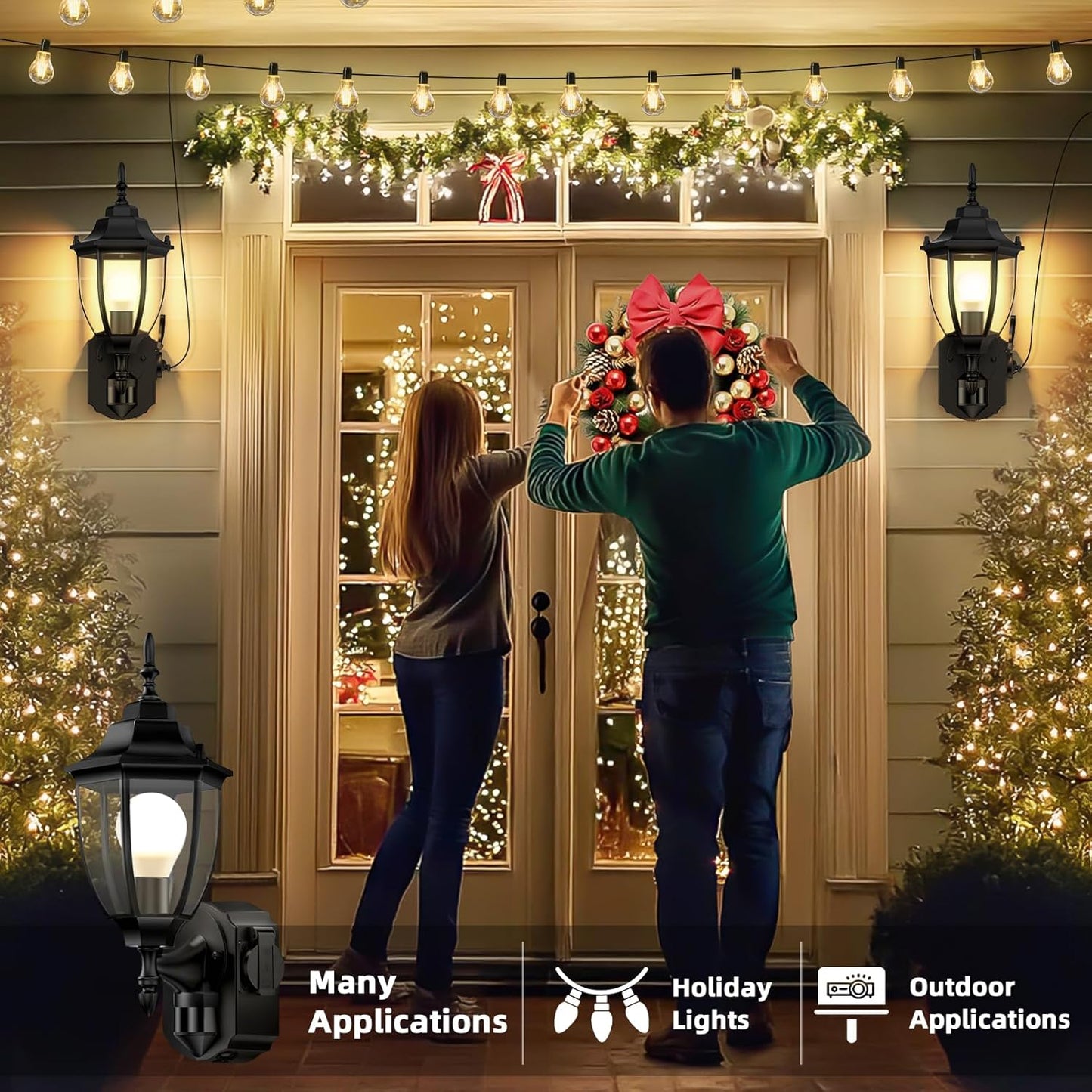 2 Pack Porch Lights Outdoor with Outlet, Motion Sensor Outdoor Wall Lights, Updated Dusk to Dawn Exterior Lighting Fixtures Waterproof Anti-Rust Aluminum Outside for House Entryway Garage, Black