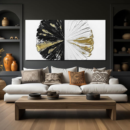 Abstract Circles Wall Decorations for Office Black White Gold Oil Painting Wall Art for Bedroom Large Pictures for Living Room Size 29 x 58 Inch