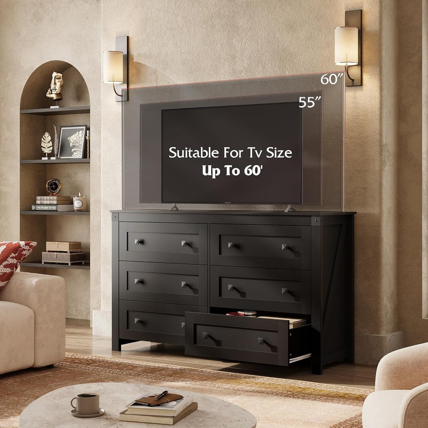 WLIVE Farmhouse Black Dresser for Bedroom, 53.07'' Wide 6 Drawer Wood Dresser, Chest of Drawers with Double Rustic Handle, TV Stand for 60 inch TV, Modern Clothes Organizer for Living Room, Hallway