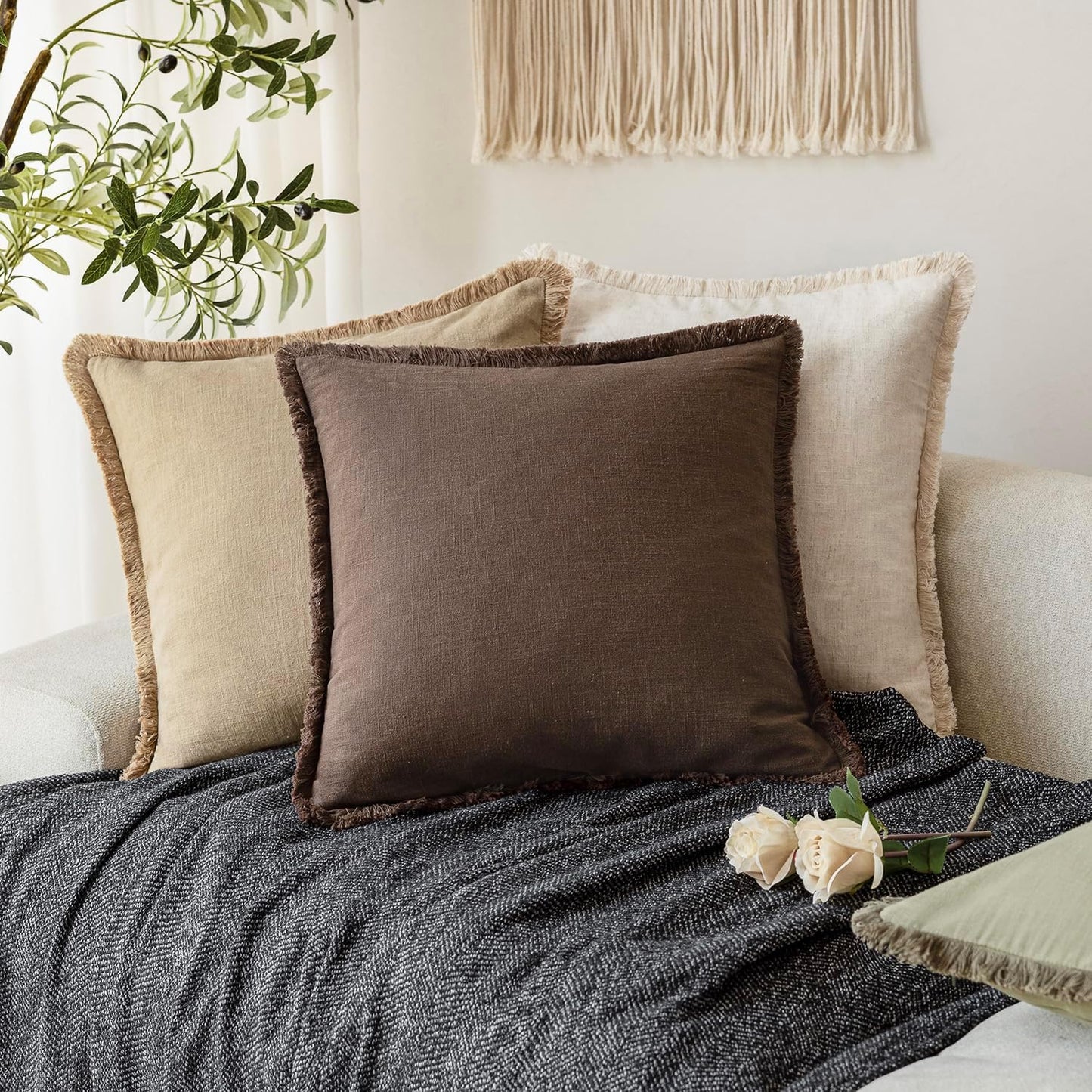 Foindtower Set of 2 Decorative Linen Fringe Throw Pillow Covers Boho Farmhouse Cushion Cover with Tassels Soft Accent Pillowcase for Couch Sofa Bed Living Room Home Decor,16×16 Inch,Reddish Brown